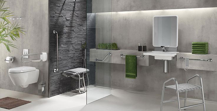 Conception d’un salon sur mesure par un architecte d’intérieur à Bruxelles. Salle de bain avec douche italienne adaptée pour les personnes handicapées, les personnes à mobilité réduite et les personnes âgées
