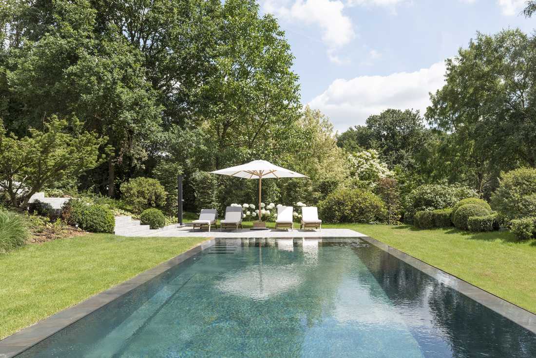 Piscine d'un jardin à débordement concu par un paysagiste à Bruxelles