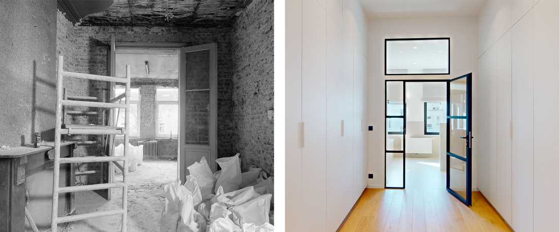 Avant - Après : Dressing sur mesure conçu par un architecte lors d'une rénovation de maison à Bruxelles