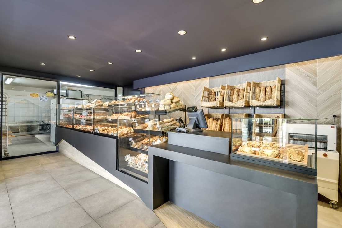 Présentoire d'une boulangerie réalisé sur mesure par un architecte d'intérieur à Bruxelles