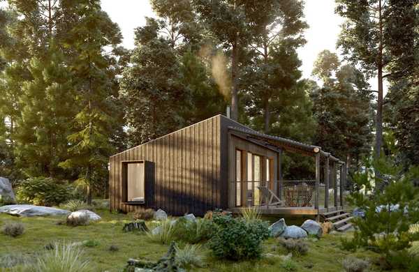 Construction d'une yakisugi house, cabane en bois en pleine nature - vue extérieur