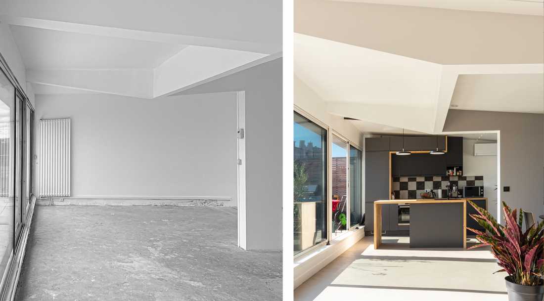 Avant-Après : Aménagement d'une cuisine ouverte dans un duplex par un architecte à Bruxelles