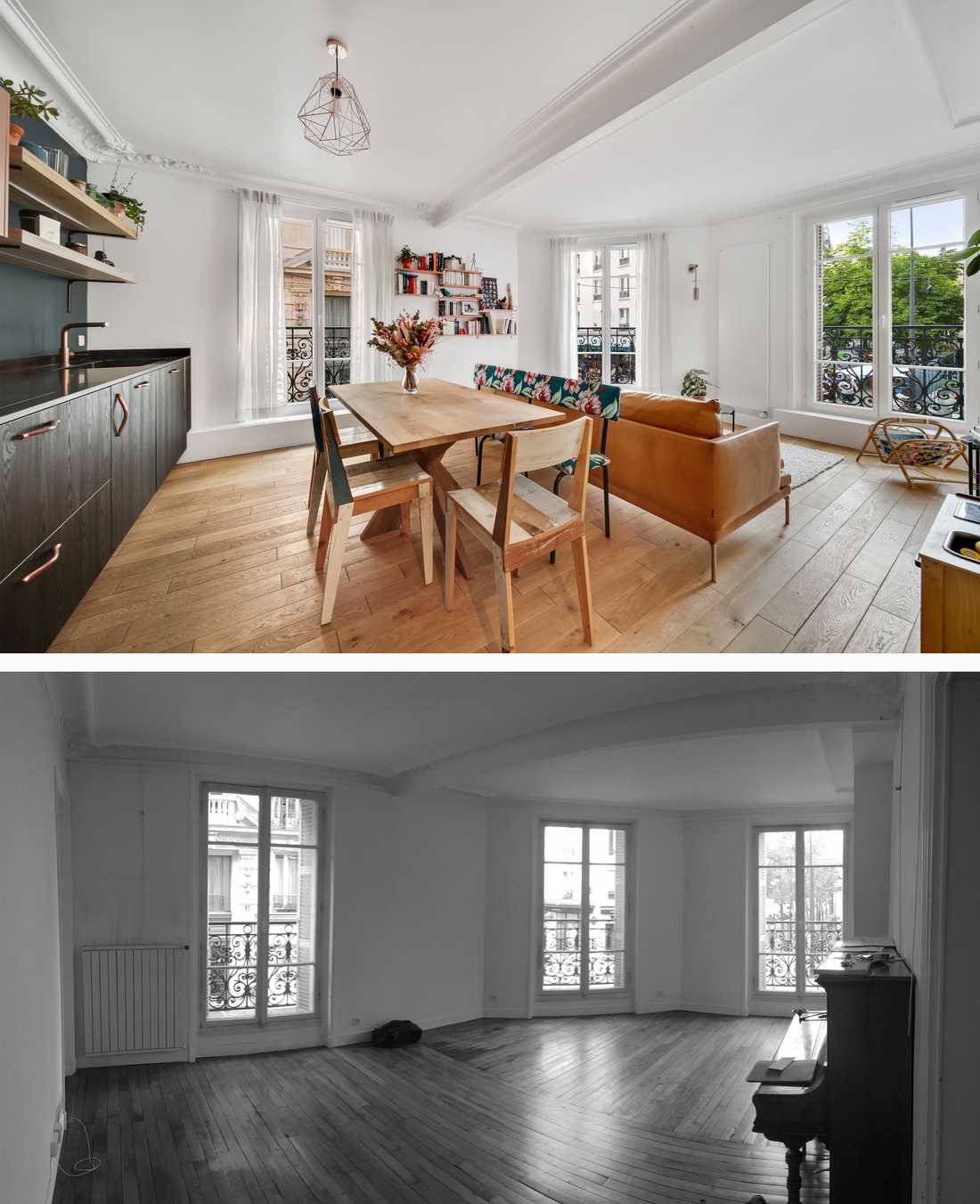 Before and after photo of the energy renovation of an apartment in Brussels